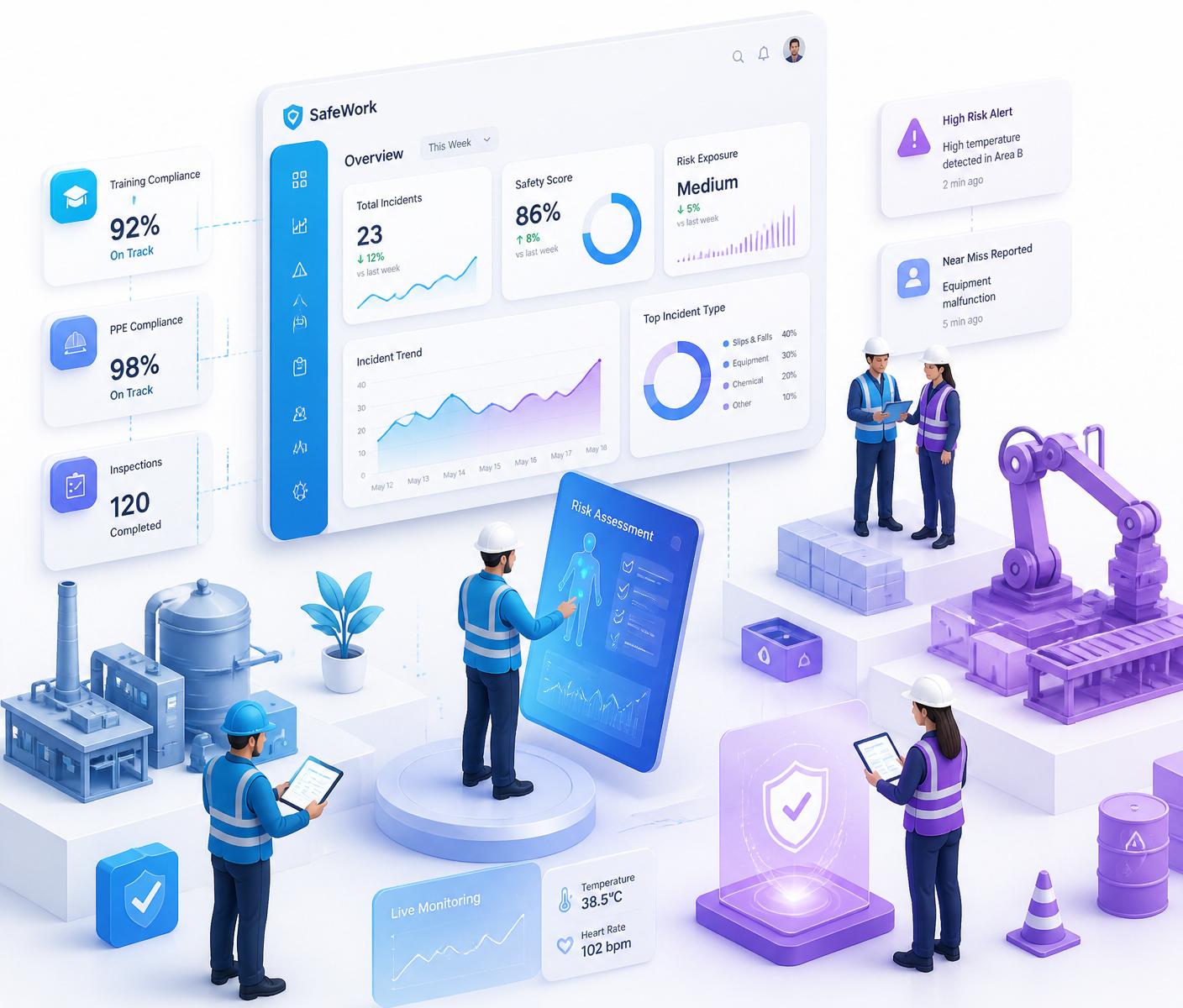 Painel de gestão de Saúde e Segurança do Trabalho com equipe operacional